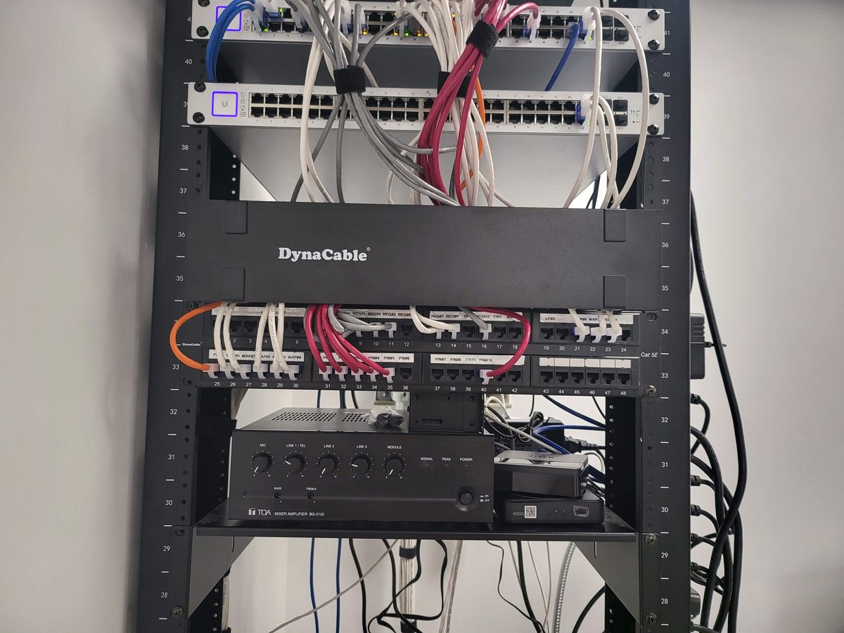 DynaCable patch panel and network switch in server rack