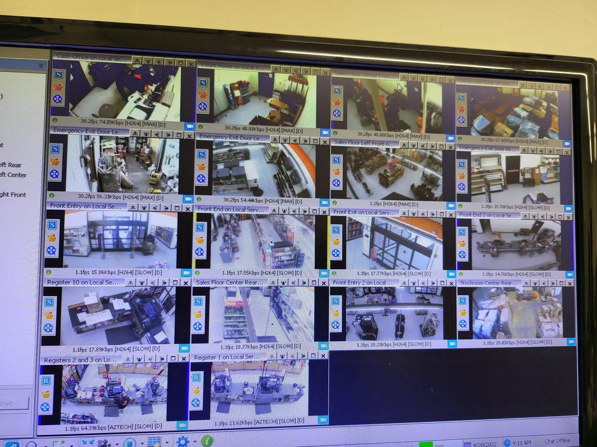 Commercial security camera monitoring system showing multi-camera grid view