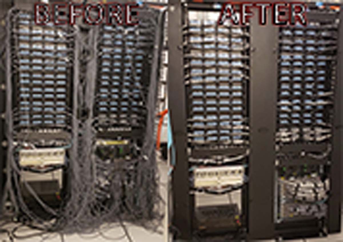 Server rack structured cabling before and after cleanup by DR TEC