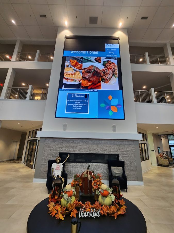 Large format video wall in senior living community lobby installed by DR TEC